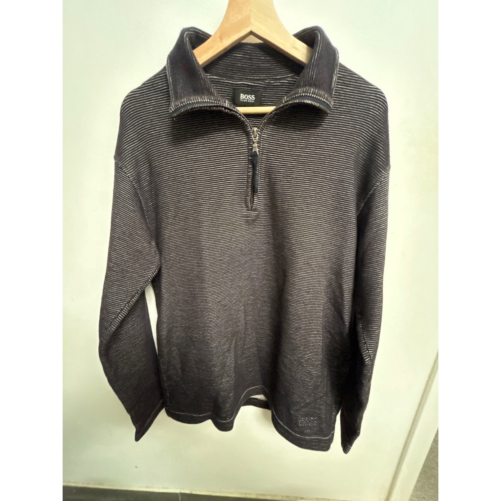 Hugo Boss Mens Quarter Zip Pullover Navy Blue White Striped Cotton Sweater M